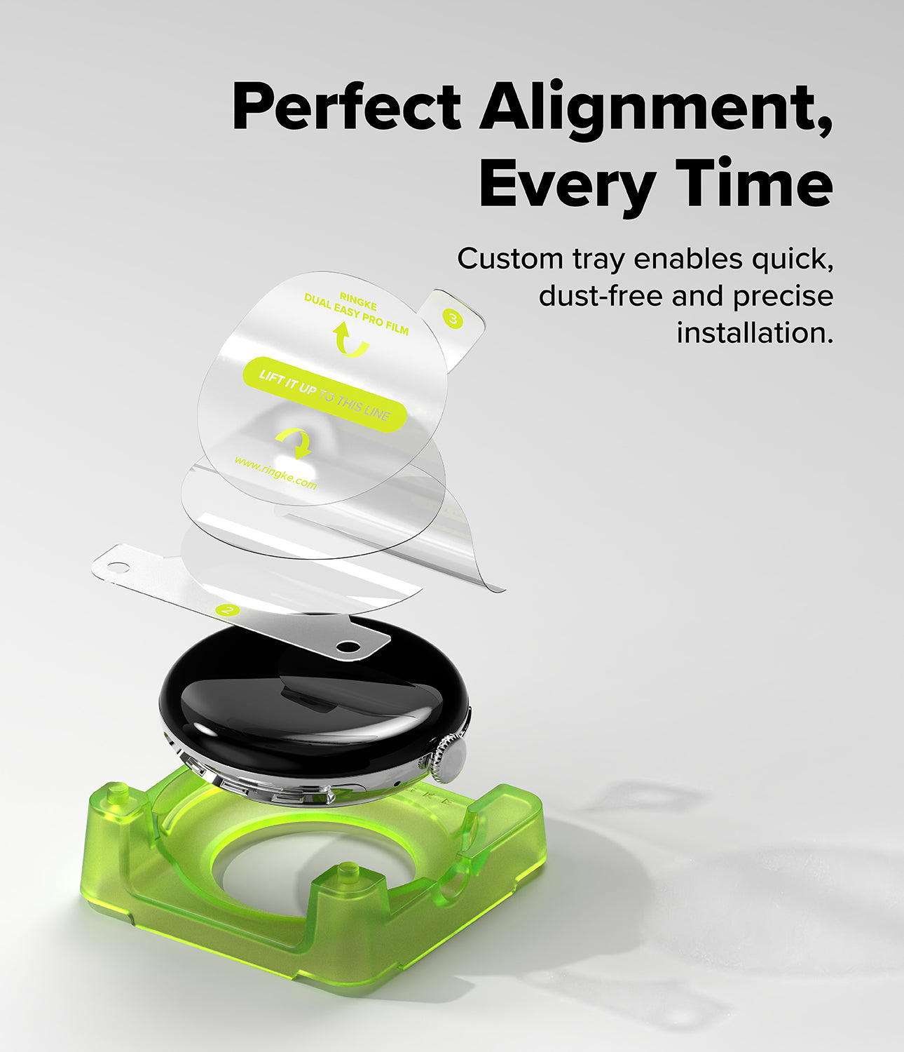Pixel Watch 5 / 4 41mm Screen Protector | Dual Easy Film Pro (2P) - A smartwatch with a black bezel is shown with its replacement screen and mounting tray floating above it on a light gray background, accompanied by marketing text that reads 'Perfect Alignment, Every Time' and 'Custom tray enables quick, dust-free and precise installation.'.