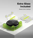 Pixel Watch 5 / 4 41mm Screen Protector | Dual Easy Film Pro (2P) - A product display showing a black circular item in a translucent lime green holder, with two clear glass replacement pieces floating above and to the right. Large text reads 'Extra Glass Included' and 'Always have a backup' on a clean light gray background.