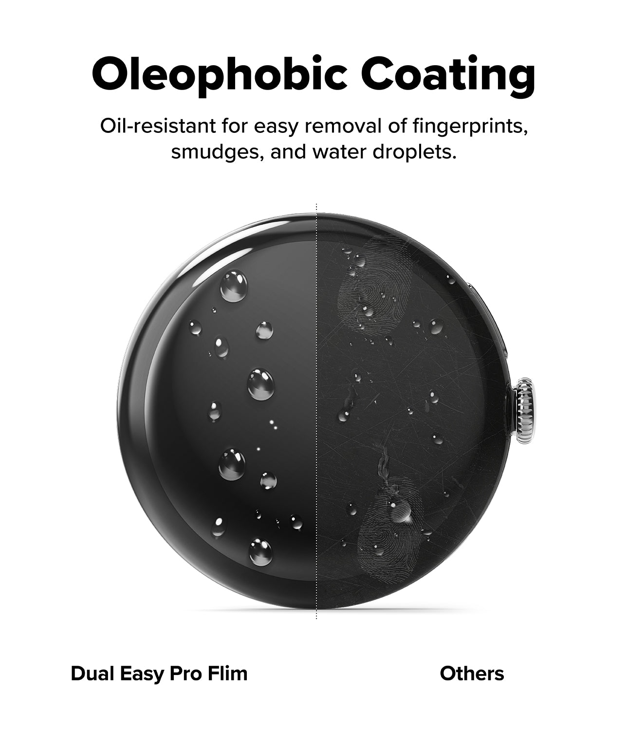 Pixel Watch 5 / 4 41mm Screen Protector | Dual Easy Film Pro (2P) - A promotional graphic for oleophobic coating on a round black product, showing water droplets easily rolling off one half while staying on the other half. Text reads 'Oleophobic Coating' and 'Oil-resistant for easy removal of fingerprints, smudges, and water droplets.