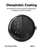 Pixel Watch 5 / 4 41mm Screen Protector | Dual Easy Film Pro (2P) - A promotional graphic for oleophobic coating on a round black product, showing water droplets easily rolling off one half while staying on the other half. Text reads 'Oleophobic Coating' and 'Oil-resistant for easy removal of fingerprints, smudges, and water droplets.