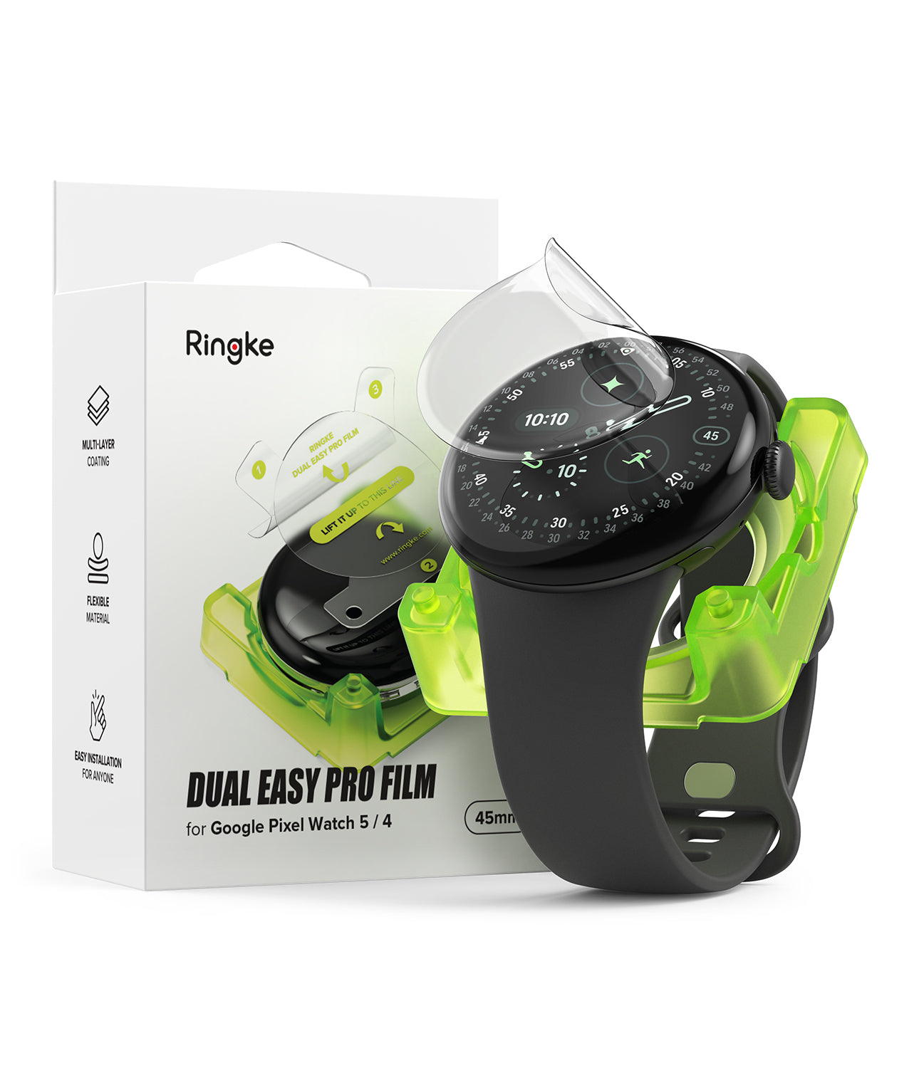 Pixel Watch 5 / 4 45mm Screen Protector | Dual Easy Film Pro (2P) - Ringke Dual Easy Pro Film 4mm screen protector shown on a black Google Pixel Watch 4, displayed next to its white retail packaging box.