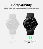 Pixel Watch 5 / 4 45mm Screen Protector | Dual Easy Film Pro (2P) - Compatibility graphic showing a black smartwatch with a black band on a light gray background, alongside a faded white smartwatch indicating device size checks for Google Pixel Watch 5/4 41mm and a green circle indicating compatibility with Google Pixel Watch 5/4 45mm.