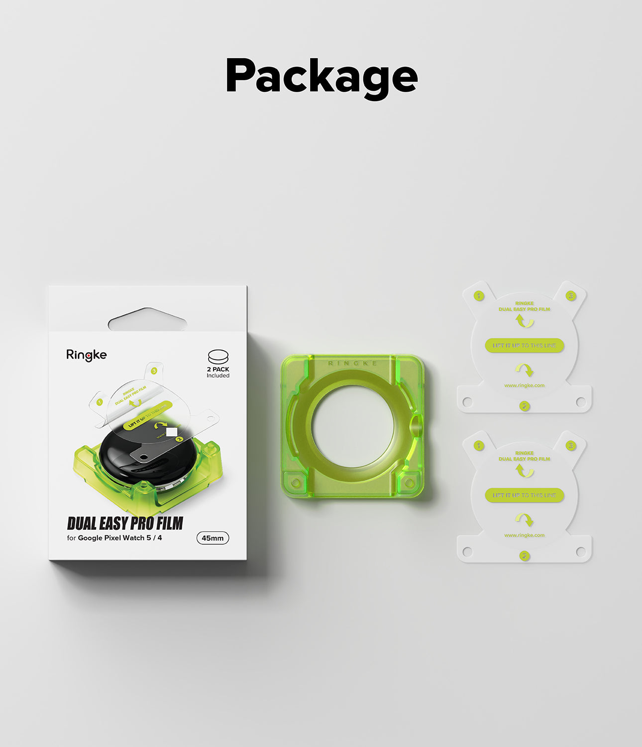 Pixel Watch 5 / 4 45mm Screen Protector | Dual Easy Film Pro (2P) - Ringke Dual Easy Pro Film packaging and two matching green transparent watch film pieces on a light gray background, with the word 'Package' above.