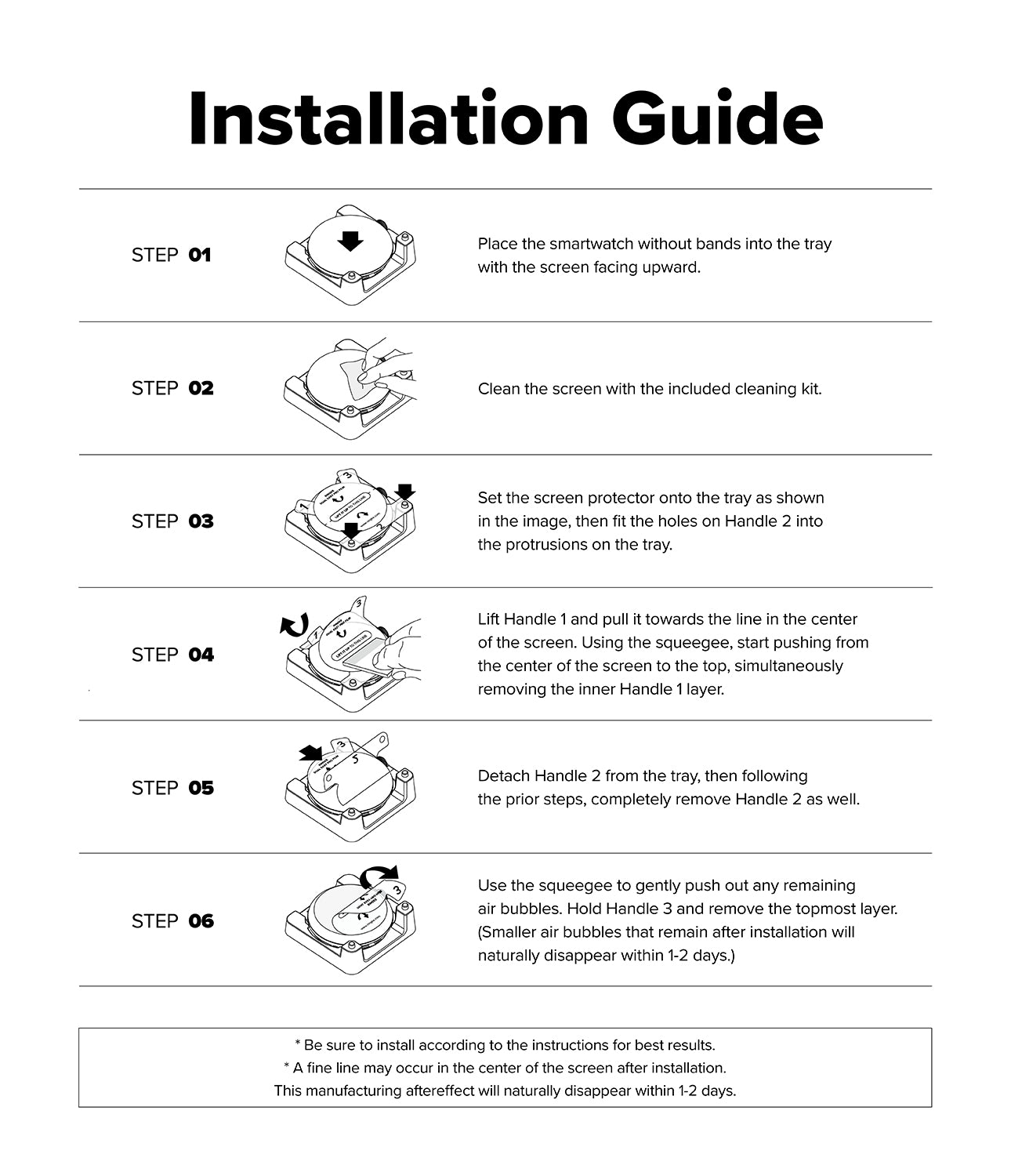 Pixel Watch 5 / 4 45mm Screen Protector | Dual Easy Film Pro (2P) - An installation guide sheet with six numbered steps showing how to place and install a smartwatch, including diagrams of the watch, screen protector, and tray, on a white background.