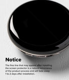 Pixel Watch 5 / 4 45mm Screen Protector | Dual Easy Film Pro (2P) - A glossy black round screen protector shown at an angle on a light textured background, with overlaid text that says 'Notice' and explains that a faint line after installation is normal and fades away in 1 to 2 days.