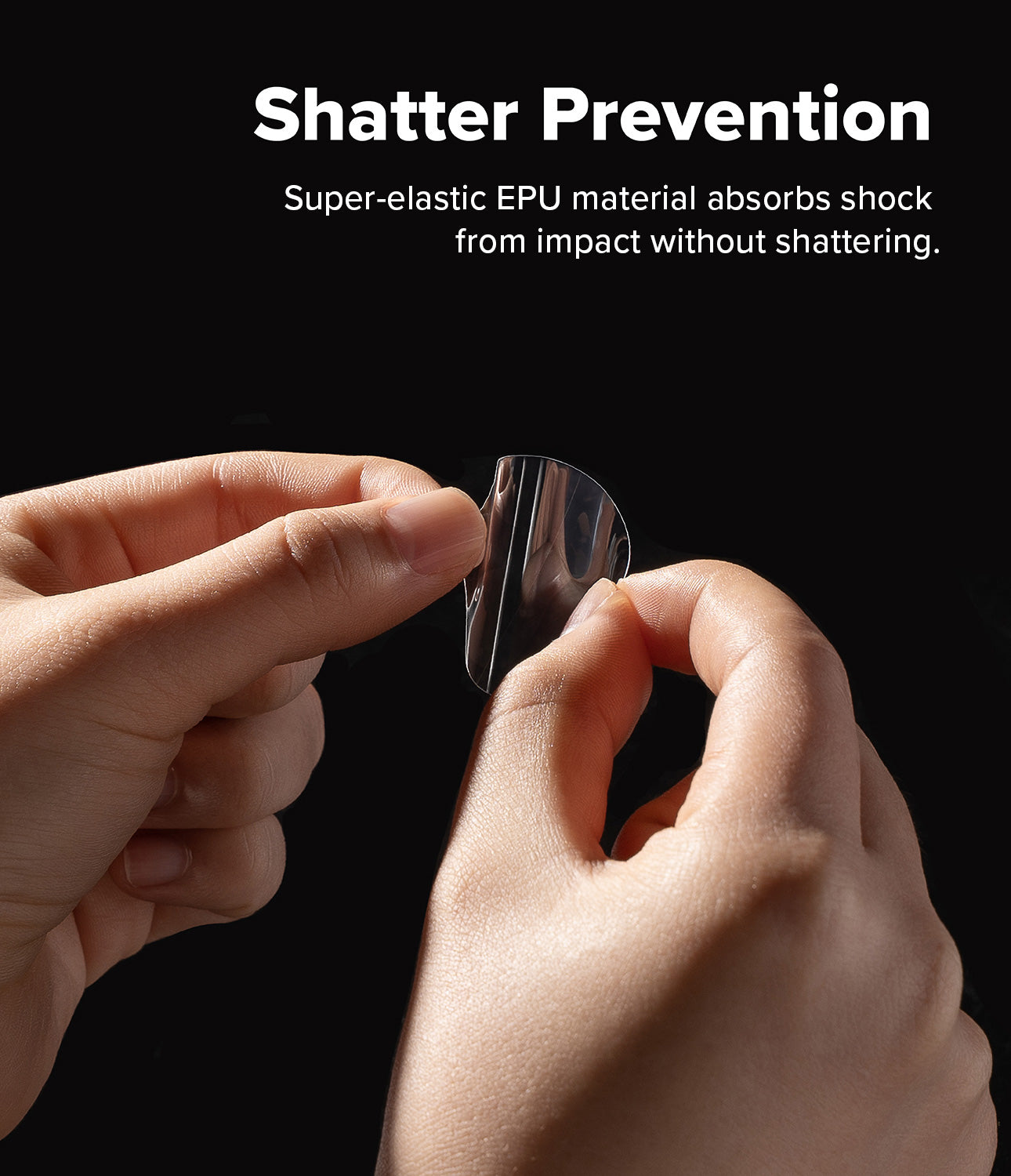 Pixel Watch 5 / 4 45mm Screen Protector | Dual Easy Film Pro (2P) - Two hands holding a transparent, curved protective lens or shield against a black background, with white text at the top reading 'Shatter Prevention' and 'Super-elastic EPU material absorbs shock from impact without shattering.'.