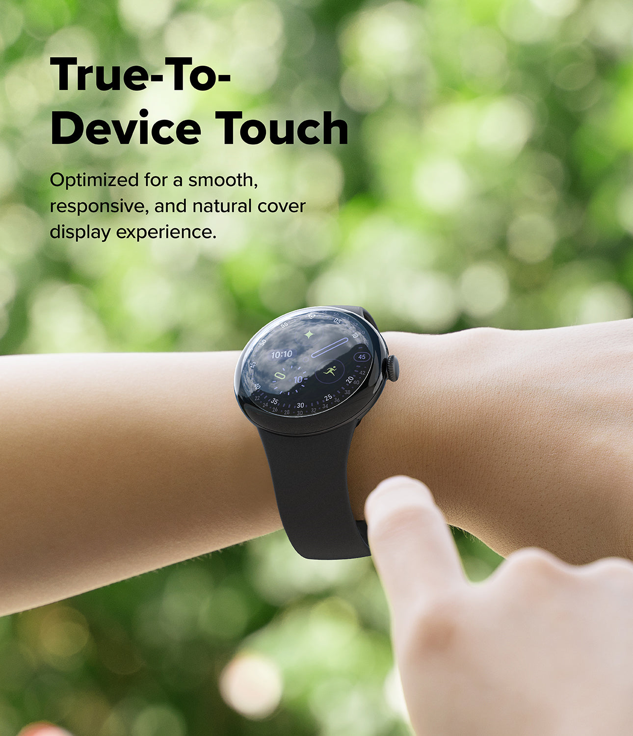 Pixel Watch 5 / 4 45mm Screen Protector | Dual Easy Film Pro (2P) - A smartwatch with a black strap worn on a person's wrist, with a finger touching the screen. Large text at the top reads 'True-To-Device Touch' with smaller descriptive copy, set against a blurred green outdoor background.