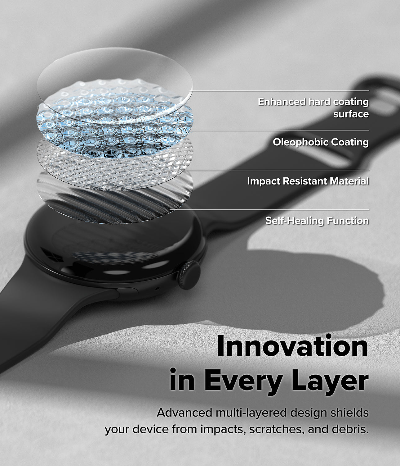 Pixel Watch 5 / 4 45mm Screen Protector | Dual Easy Film Pro (2P) - Black hairbrush with a transparent head showing multi-layered coating technology, labeled 'Compressed Multi-Layer' on a gray background.