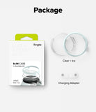 Pixel Watch 5 / 4 41mm | Slim (2P) - Ringke Slim Case for Pearl Watch S5 package set on a light gray background, including the retail box, a clear ice ring, a clear silicone ring, and a white charging adapter with text labels.