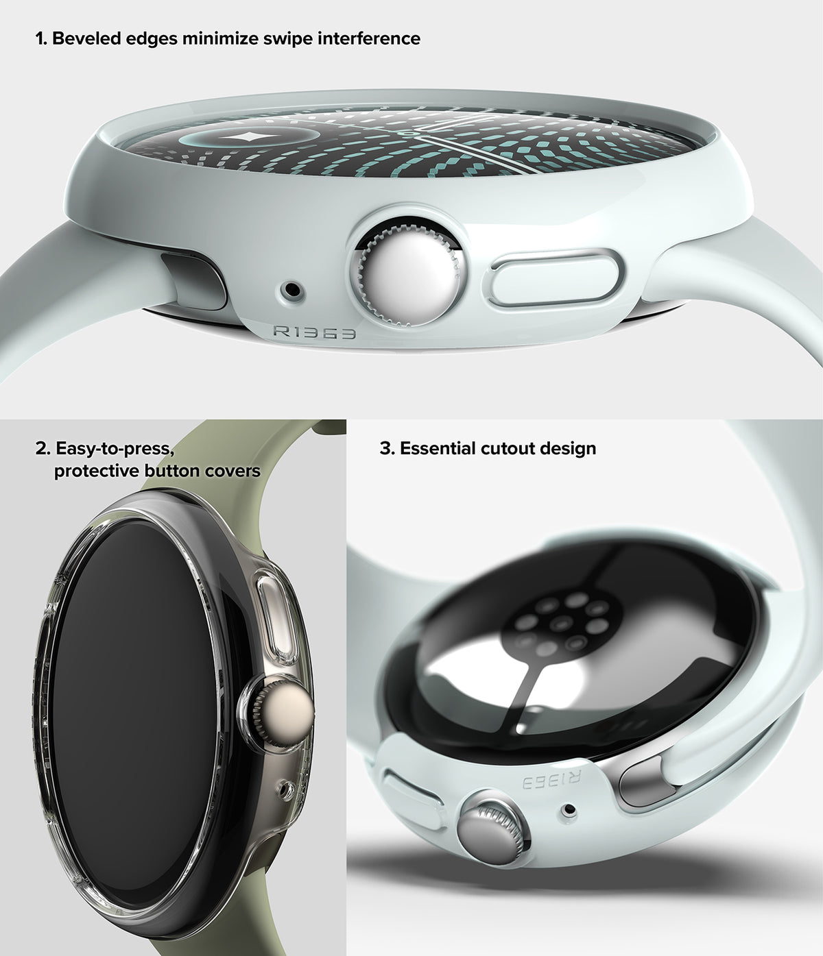 Pixel Watch 5 / 4 41mm | Slim (2P) - A light blue smartwatch protective case shown from multiple angles with explanatory text callouts: '1. Beveled edges minimize swipe interference,' '2.
