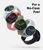 Pixel Watch 5 / 4 41mm | Case + Screen (2P) - Four smartwatches with round black faces and different silicone bands are arranged on a light gray background with the text 'For a No-Case Feel' in the top right. The bands are white, coral pink, olive green, and black, and the watch faces display colorful digital patterns.