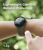 Pixel Watch 5 / 4 41mm | Case + Screen (2P) -  smartwatch with a dark gray round case and a light gray strap is worn on a person's wrist, with a finger touching the strap. The background is a blurred green outdoor setting.