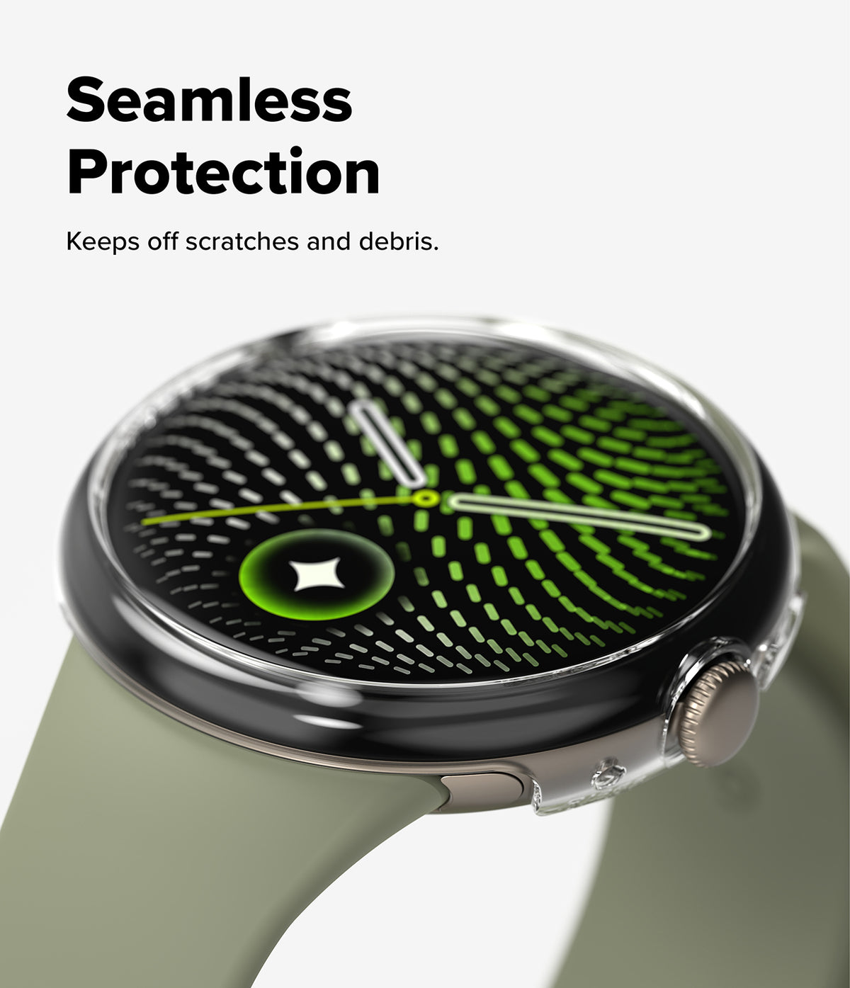 Pixel Watch 5 / 4 41mm | Case + Screen (2P) - A smartwatch with a round silver-toned case and a light olive green strap, shown on a clean white background with promotional text reading 'Seamless Protection' and 'Keeps off scratches and debris.' The watch face displays a green and black patterned screen design.