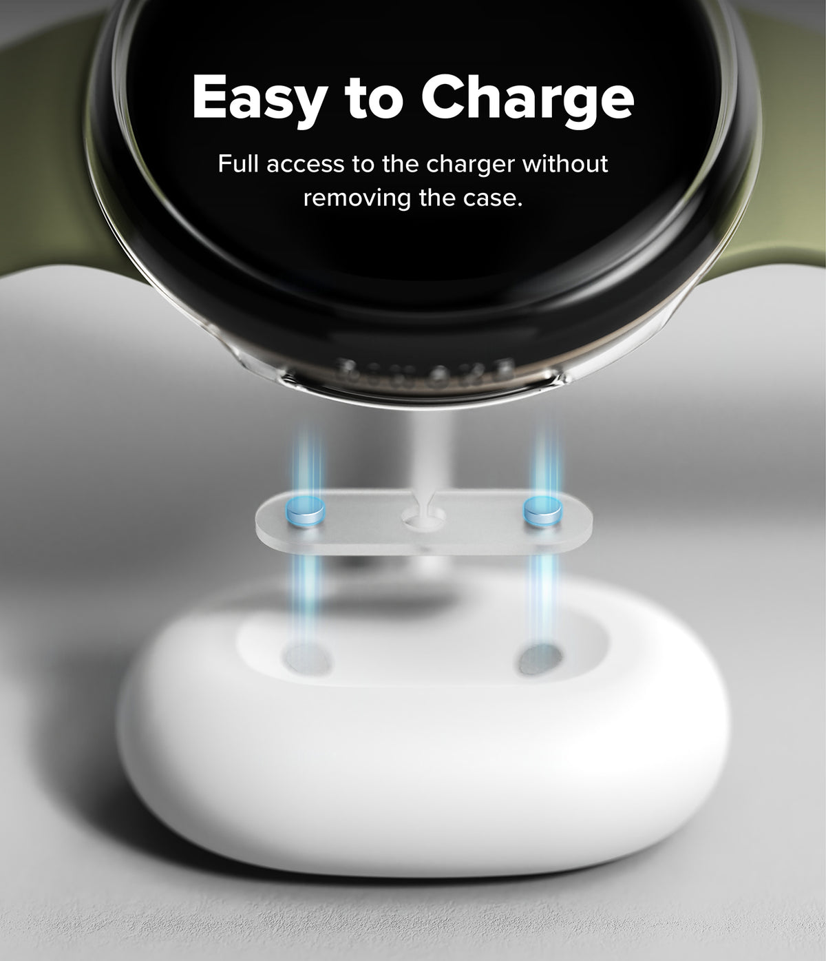 Pixel Watch 5 / 4 41mm | Case + Screen (2P) - A close-up promotional render of a smartwatch charging dock setup. The top half shows a black watch face with the text 'Easy to Charge' and 'Full access to the charger without removing the case.