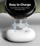 Pixel Watch 5 / 4 41mm | Case + Screen (2P) - A close-up promotional render of a smartwatch charging dock setup. The top half shows a black watch face with the text 'Easy to Charge' and 'Full access to the charger without removing the case.