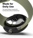Pixel Watch 5 / 4 41mm | Case + Screen (2P) - A close-up product shot of a smartwatch with a dark metallic case and a light olive green band, shown on a white background with promotional text reading 'Made for Daily Use.'.