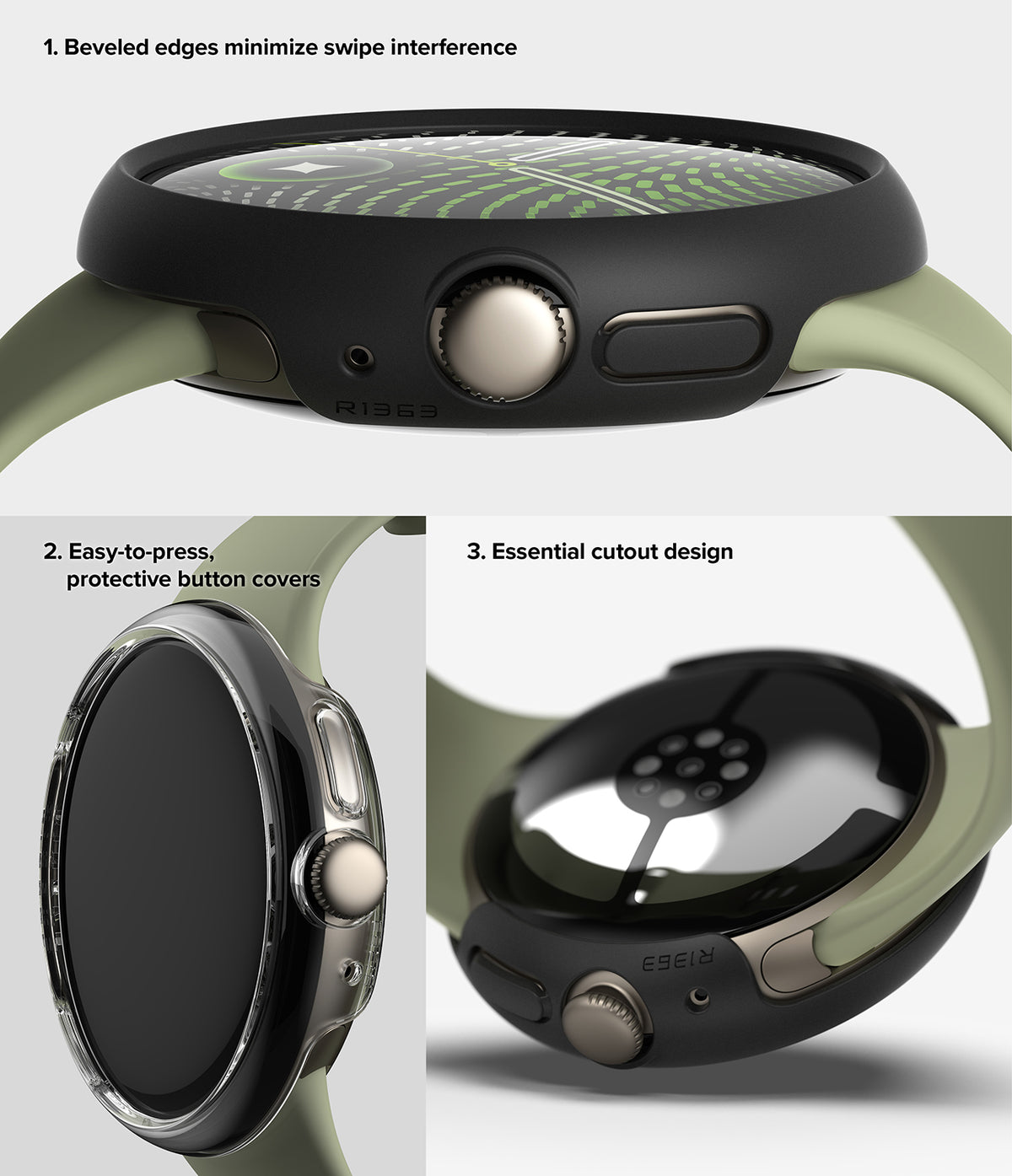 Pixel Watch 5 / 4 41mm | Case + Screen (2P) - Three product detail views of a smartwatch with a black protective case and an olive green band, showing the side buttons, front bezel, and back cutout details with explanatory text overlays.