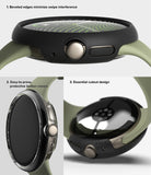 Pixel Watch 5 / 4 41mm | Case + Screen (2P) - Three product detail views of a smartwatch with a black protective case and an olive green band, showing the side buttons, front bezel, and back cutout details with explanatory text overlays.