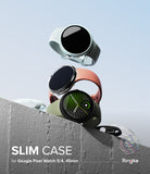 Pixel Watch 5 / 4 45mm | Slim (2P) - Slim smartwatch case shown in multiple pastel colors floating above a gray concrete ledge against a pale blue sky. The text reads 'SLIM CASE for Google Pixel Watch 5/4, 41mm' with the Ringke logo in the lower right.