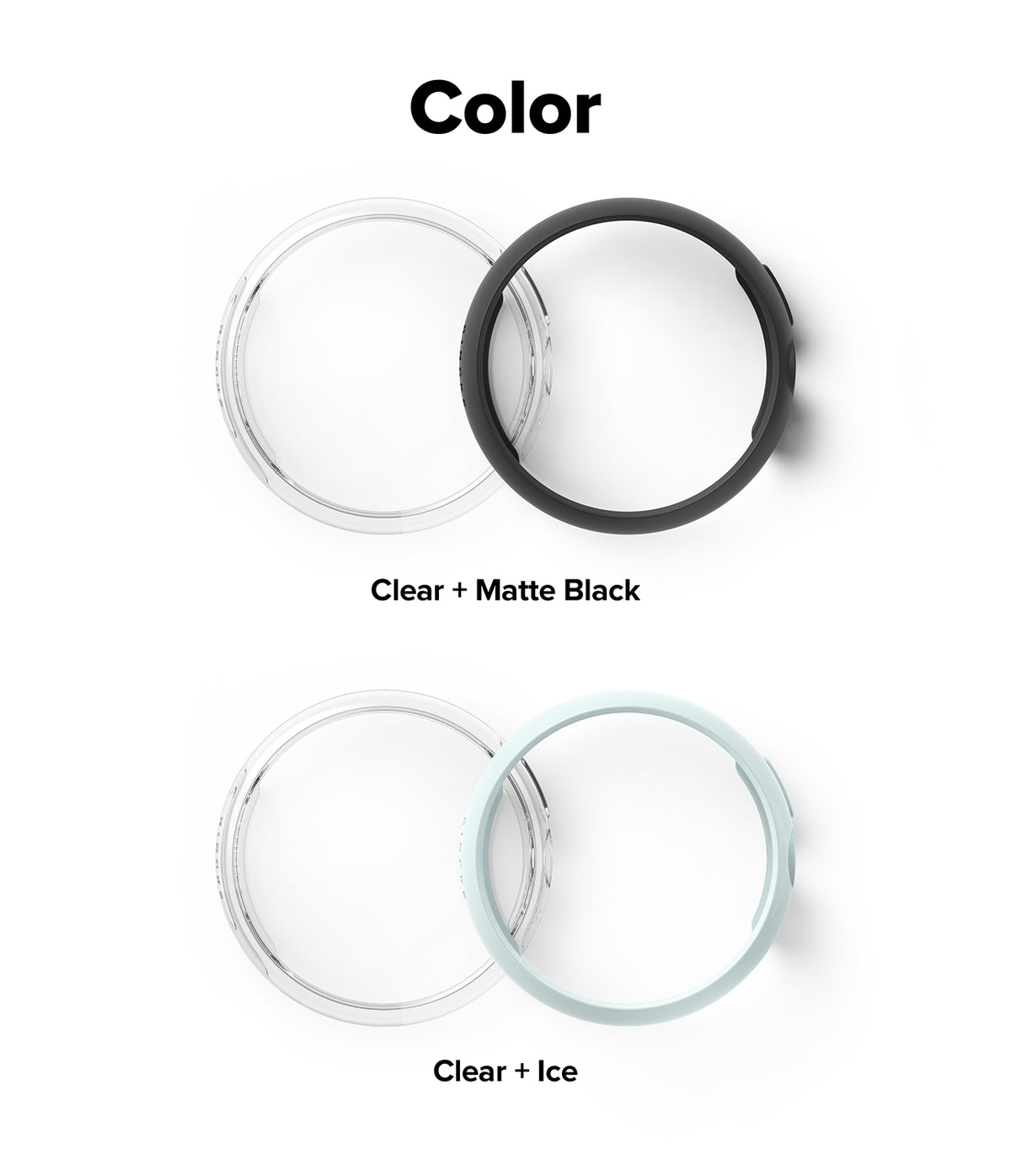 Pixel Watch 5 / 4 45mm | Slim (2P) - Color options graphic showing two circular watch bezel/frame designs on a white background: a clear + matte black option labeled 'Clear + Matte Black' and a clear + ice option labeled 'Clear + Ice'.