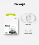Pixel Watch 5 / 4 45mm | Slim (2P) - Ringke Slim Case for Pearl Watch S5 package set on a light gray background, including the retail box, a clear ice ring, a clear silicone ring, and a white charging adapter with text labels.