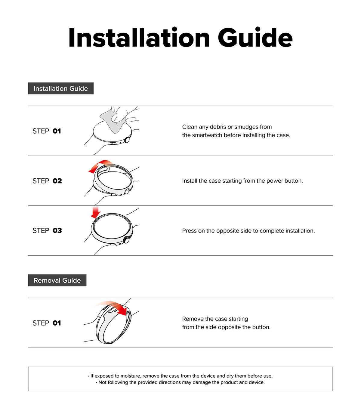 Pixel Watch 5 / 4 45mm | Slim (2P) - An installation and removal guide diagram for a smartwatch case, showing step-by-step instructions with line drawings and text on a white background.