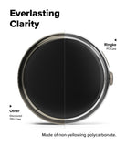 Pixel Watch 5 / 4 45mm | Slim (2P) - A circular smartwatch shown from the back on a white background, with text comparing its clarity to other watches. The watch has a dark black screen and a silver metallic bezel, with labels pointing to the 'Ringke PC Case' and 'Other Discolorated TRU Case'.