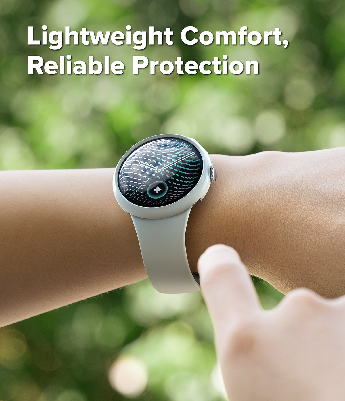 Pixel Watch 5 / 4 45mm | Slim (2P) - A smartwatch with a light gray band worn on a person's wrist, with a finger touching the side of the watch. The background is a blurred green outdoor setting, and the text at the top reads 'Lightweight Comfort, Reliable Protection'.