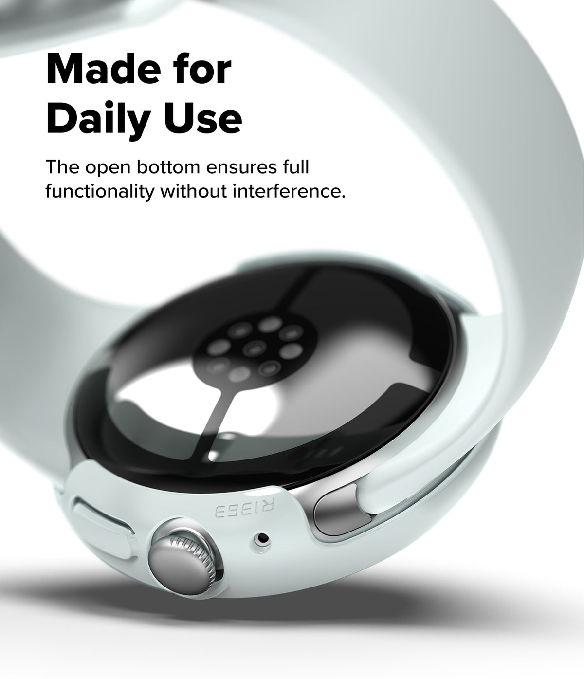 Pixel Watch 5 / 4 45mm | Slim (2P) - Close-up of a smartwatch with an open bottom design, showing the inner display area and side buttons, with text reading 'Made for Daily Use' on a clean white background.