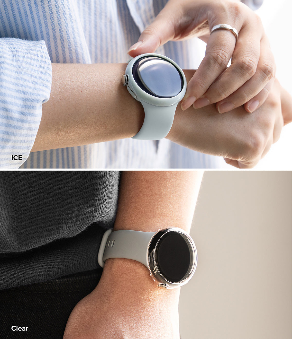 Pixel Watch 5 / 4 45mm | Slim (2P) - Two close-up views of a smartwatch worn on a wrist. The top panel shows a pale icy blue band with a dark screen and the text 'ICE'; the bottom panel shows a translucent clear/light gray band with the text 'Clear'.