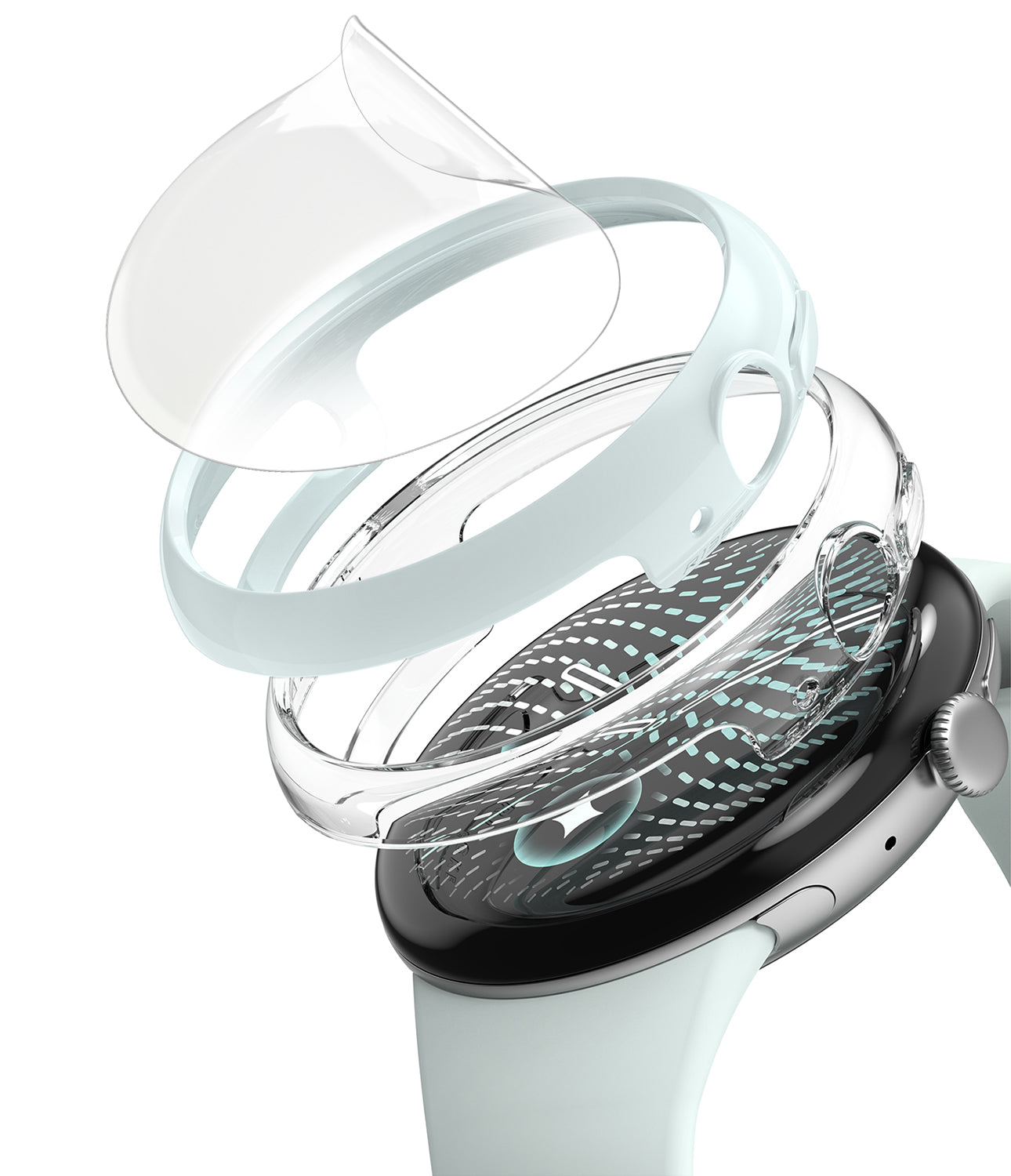 Pixel Watch 5 / 4 41mm | Case + Screen (2P) - A smartwatch with a pale mint band and black bezel, shown with transparent protective film and band wrap accessories floating around it on a white background.