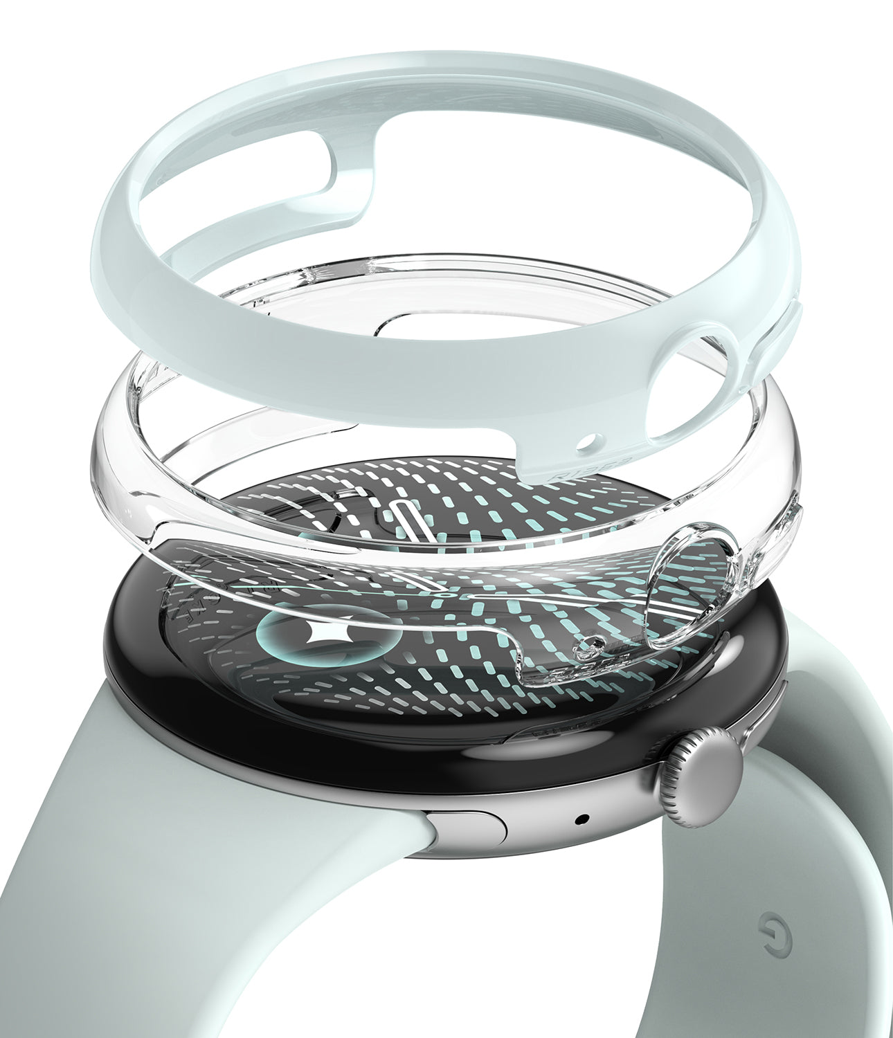 Pixel Watch 5 / 4 41mm | Slim (2P) - A smartwatch with a pale mint green band and black case, shown with a transparent protective bumper and a matching pale mint green ring accessory against a white background.