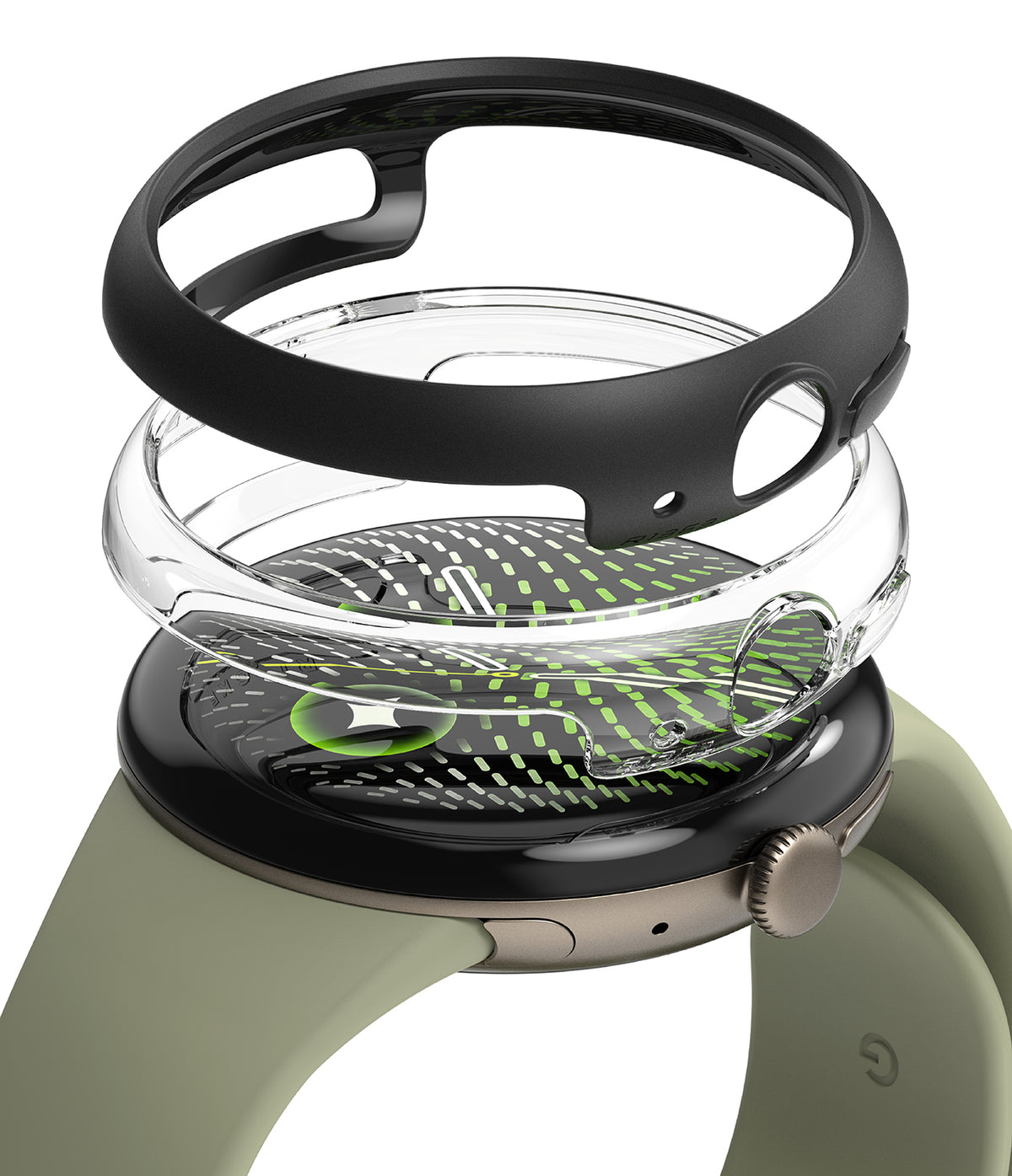 Google Pixel Watch 5 / 4 (45mm) | Slim (2 Pack) - A smartwatch with a light olive green strap, black bezel, and a transparent protective ring cover with a green patterned inner layer, shown on a clean white background.