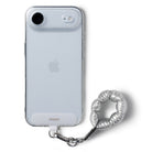 Holder Link Puffer | Finger - Light blue iPhone in a clear case with a silver puffer-style finger strap attached.