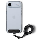Holder Link Puffer | Finger - Light blue iPhone in a clear case with a black puffer-style finger strap attached.