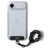 Holder Link Puffer | Finger - Light blue iPhone in a clear case with a black puffer-style finger strap attached.