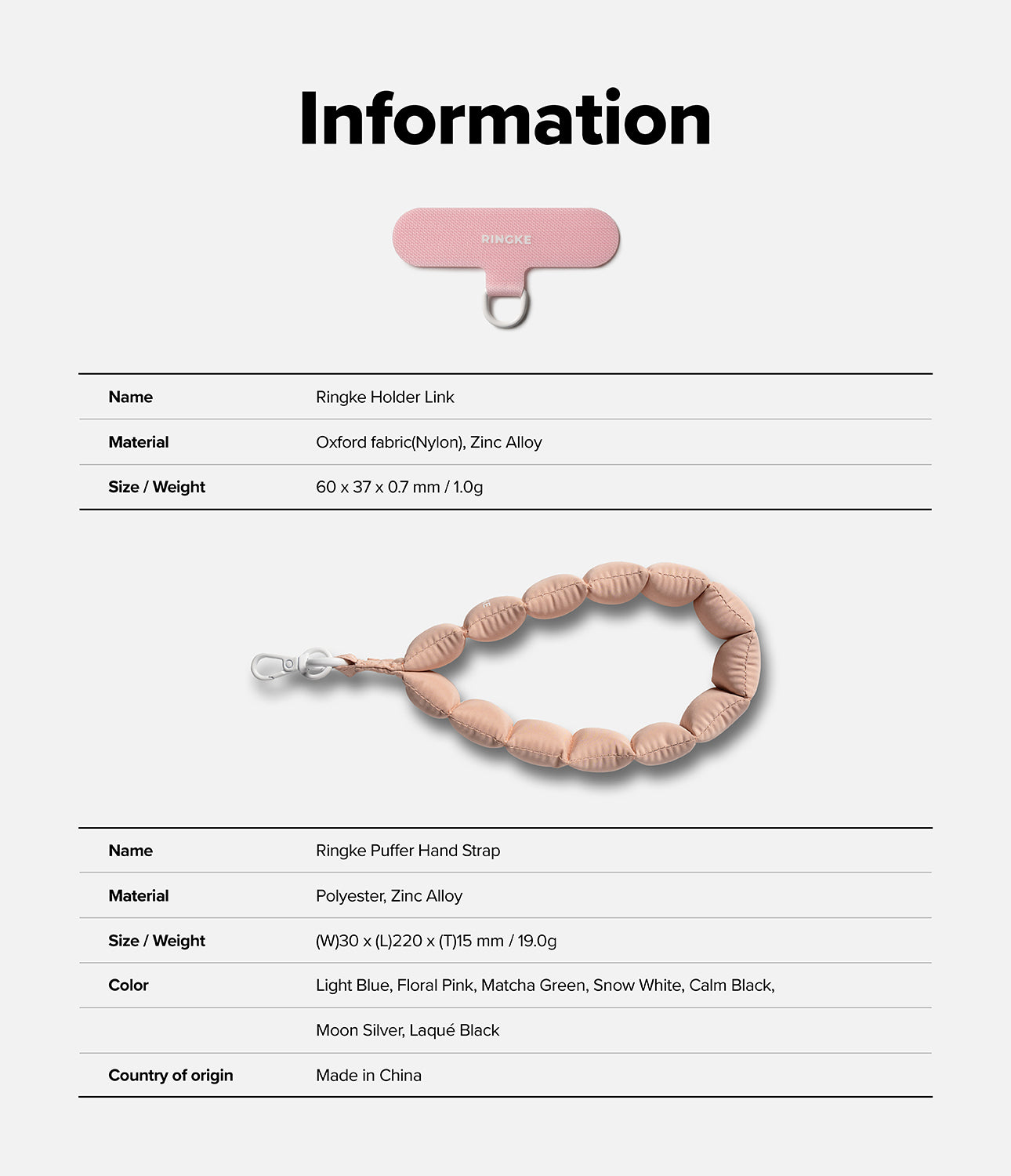 Holder Link Puffer | Hand - Product information card with Ringke accessories on a white background