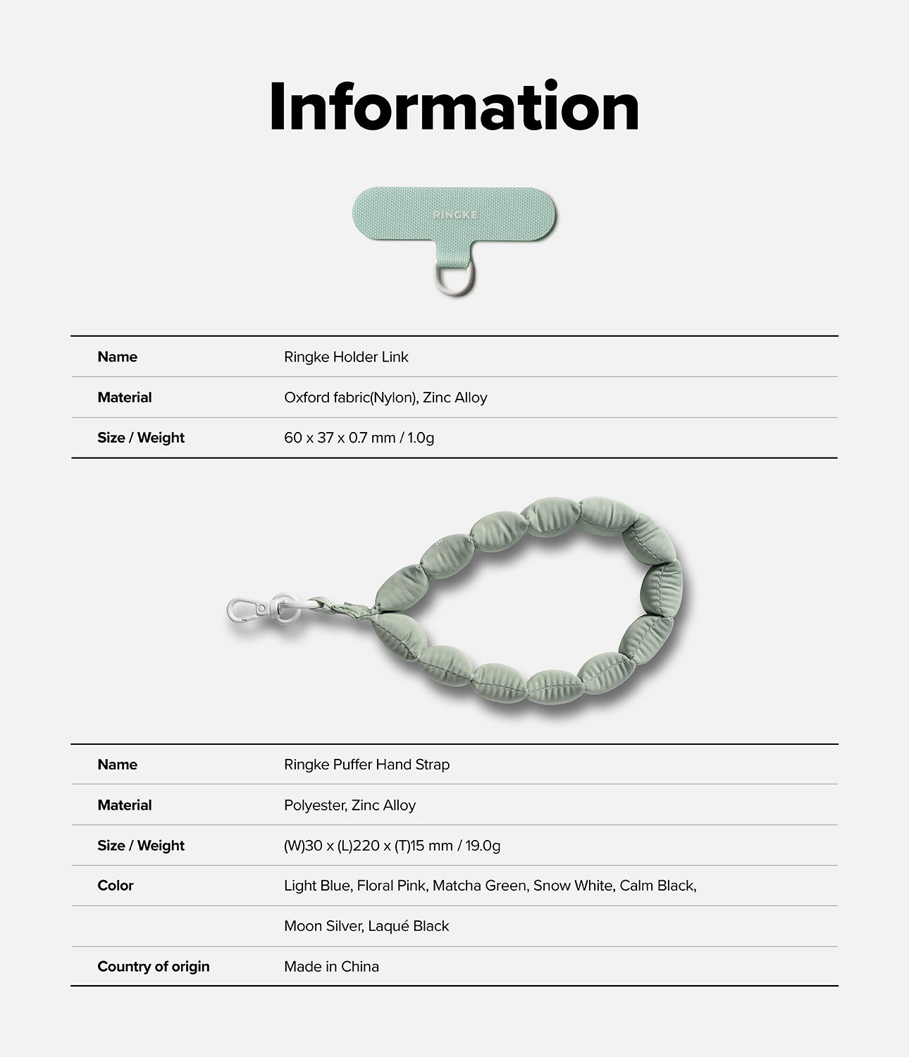 Holder Link Puffer | Hand - Product information card with Ringke accessories on a white background