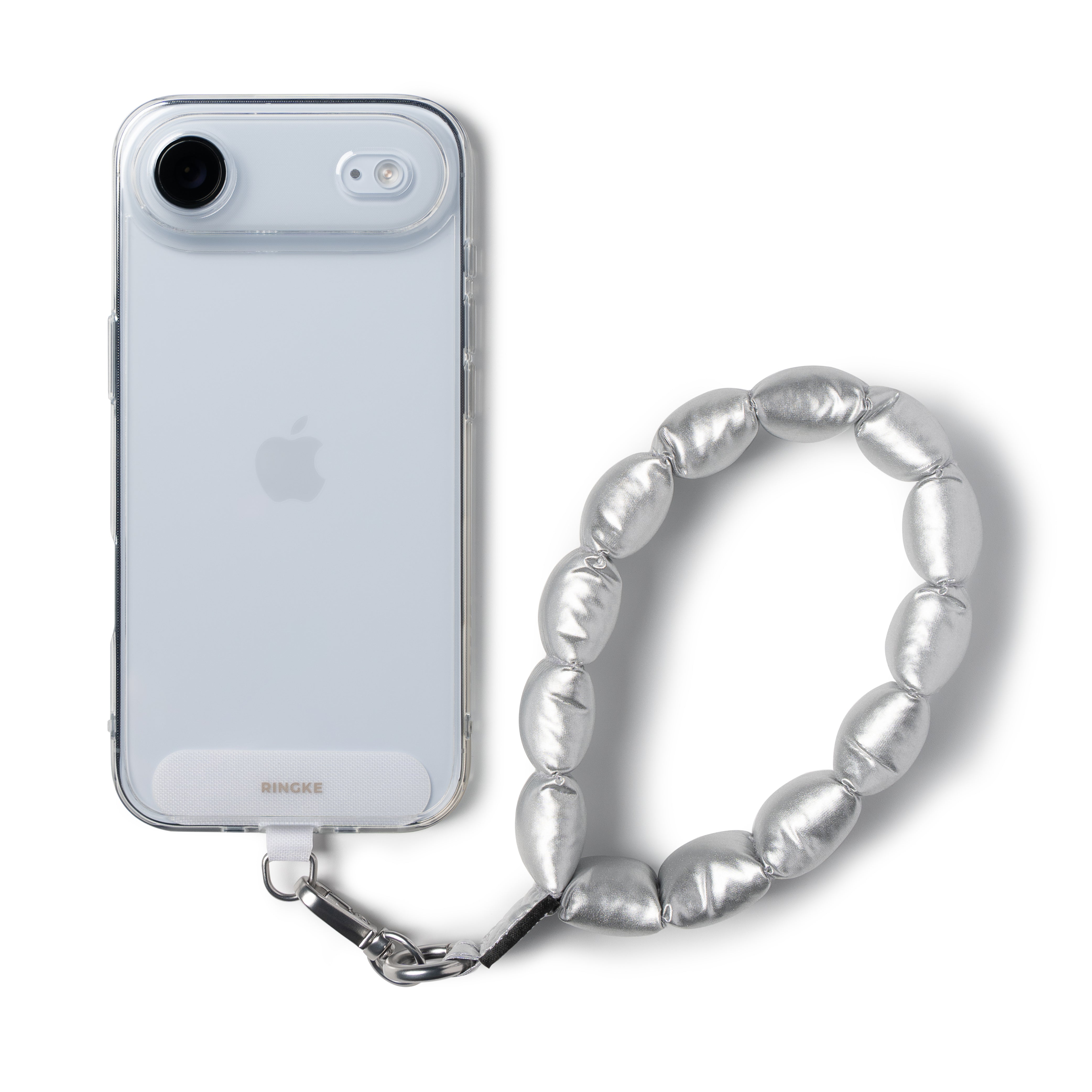 Holder Link Puffer | Hand - Phone case with a silver strap on a white background