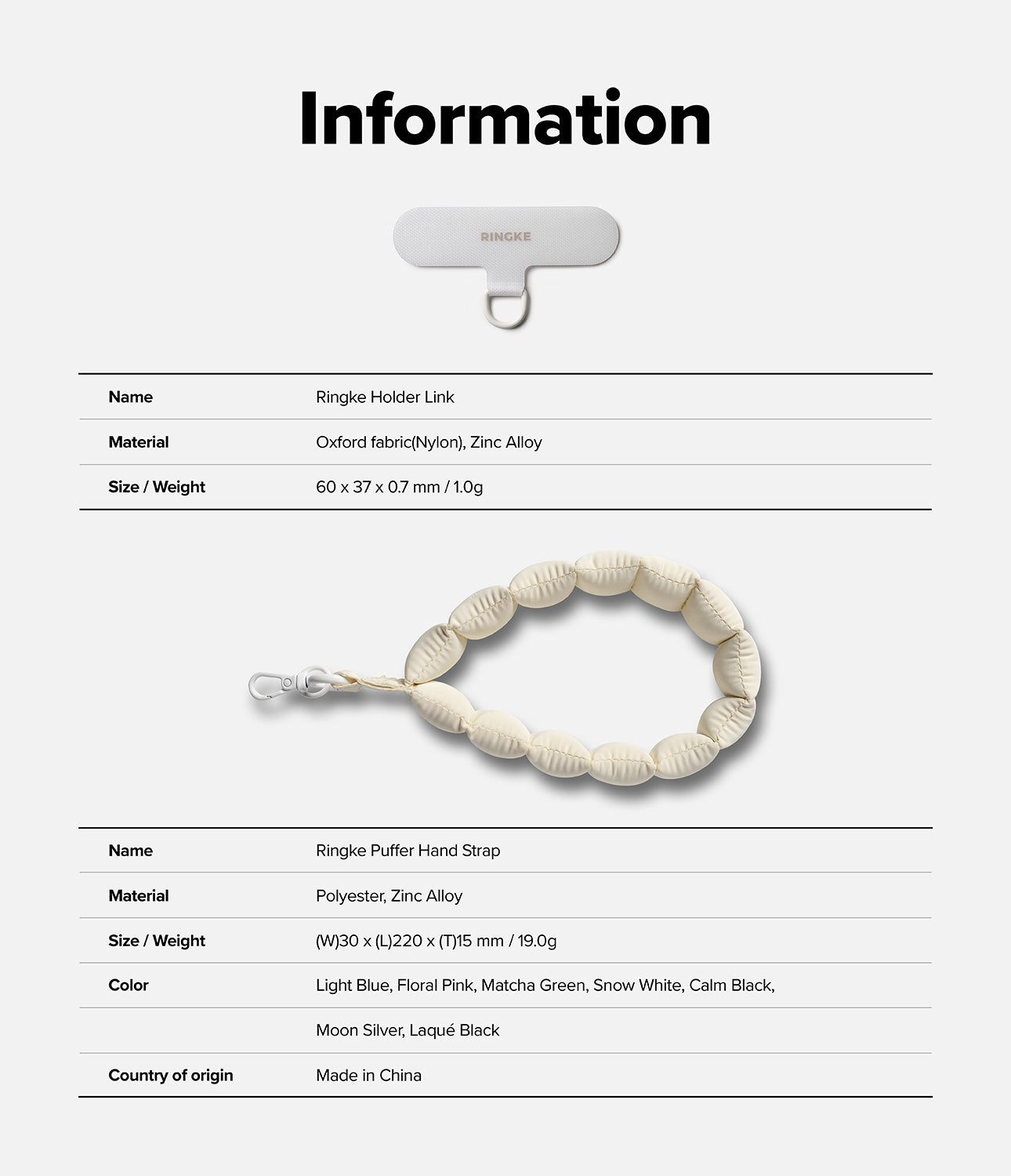 Holder Link Puffer | Hand - Product information card with Ringke accessories on a white background