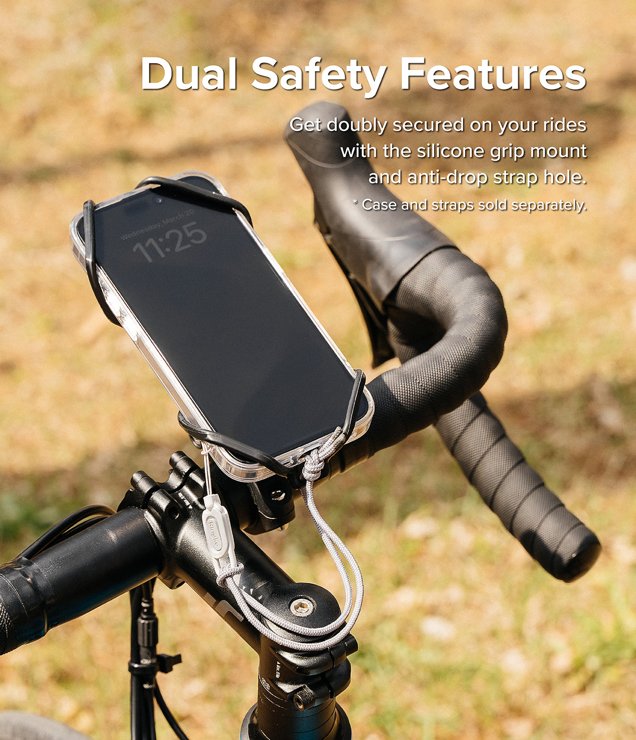 Quick & Go | Grip Bike Mount - Dual Safety Features. Get doubly secured on your rides with the silicone grip mount and anti-drop strap hole. Case and straps sold separately.