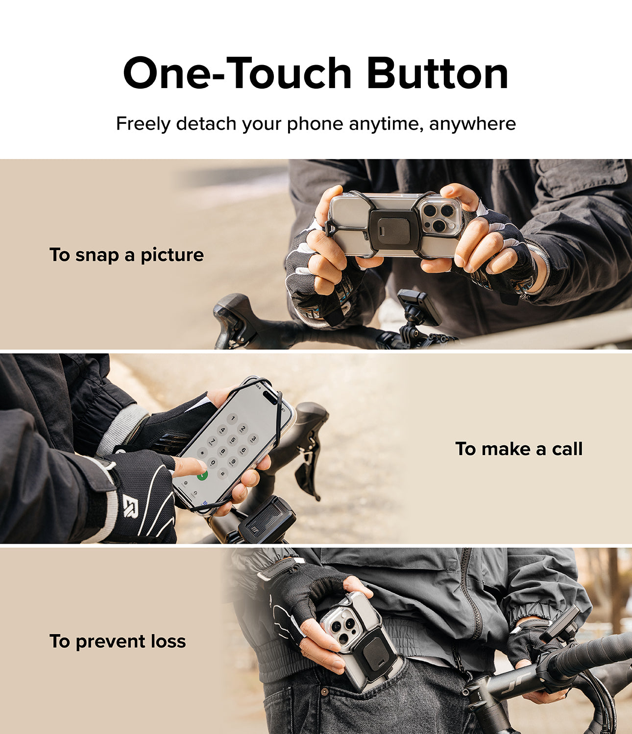 Quick & Go | Grip Bike Mount - One-Touch Button. Freely detach your phone anytime, anywhere. 