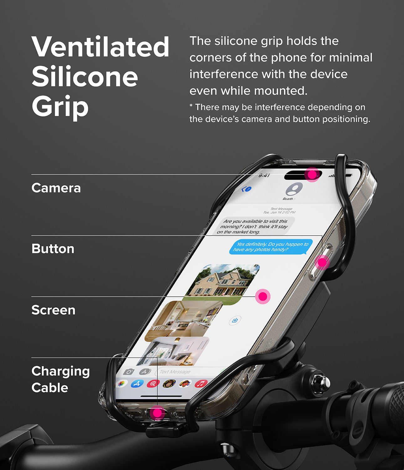 Quick & Go | Grip Bike Mount - Ventilated Silicone Grip. The silicone grip holds the corners of the phone for minimal interference with the device even while mounted.