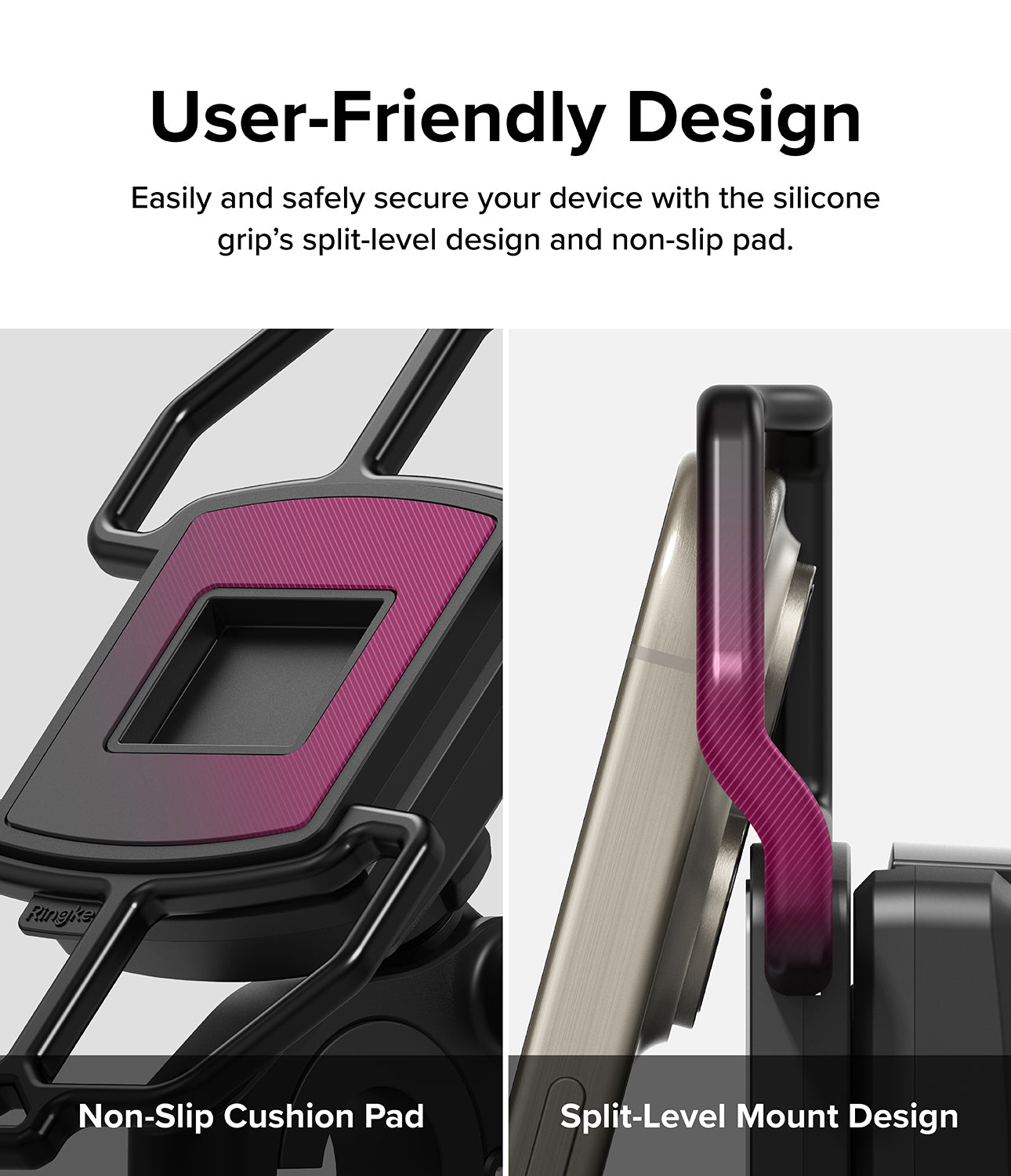 Quick & Go | Grip Bike Mount - User-Friendly Design. Easily and safely secure your device with the silicone grip's split-level design and non-slip pad.