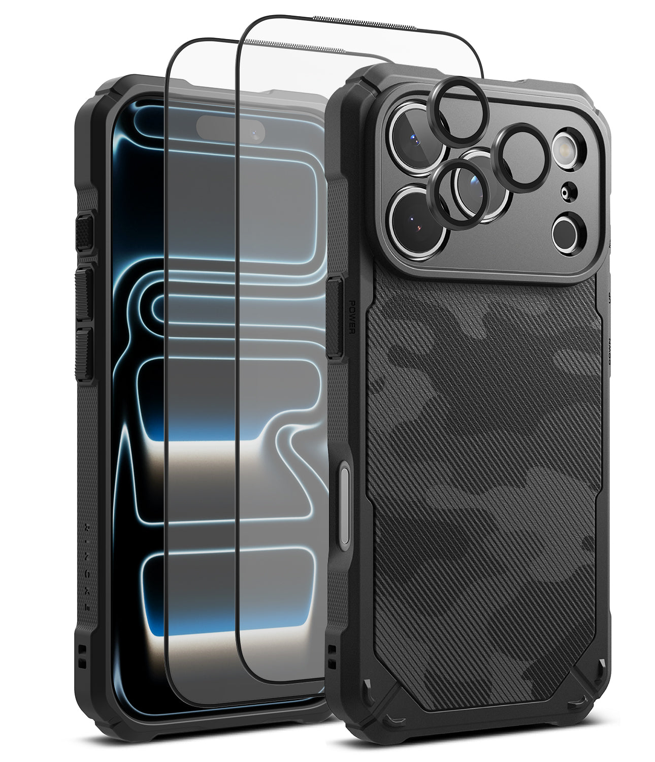 [Bundle] iPhone 17 Pro | Rugged Gear Magnetic - iPhone 17 Pro | Rugged Gear Magnetic - Black rugged phone case with camo back, screen protector, and lens covers.
