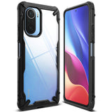 Poco F3 Case | Fusion-X - Black rugged protective case with clear back panel shown from front and back angles on a Poco F3 phone.