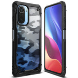 Poco F3 Case | Fusion-X - Rugged black protective case with blue camouflage back pattern shown from front and back angles.
