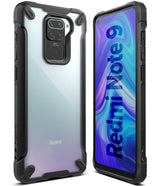 Redmi Note 9 Case | Fusion-X - Black rugged protective case with clear back and reinforced corners on a Redmi Note 9 phone.