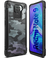 Redmi Note 9 Case | Fusion-X - Camouflage pattern phone case with black bumper, shown from front and back angles.