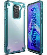 Redmi Note 9 Case | Fusion-X - Clear phone case with teal reinforced bumpers shown from front and back angles.